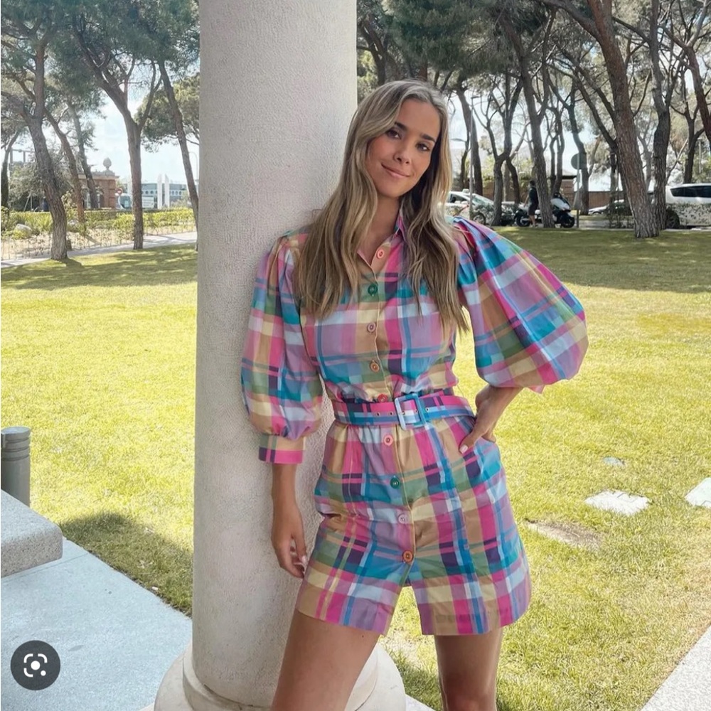 UTERQUE Plaid Retro Puffy Sleeves Cotton Shirt Button Down Dress